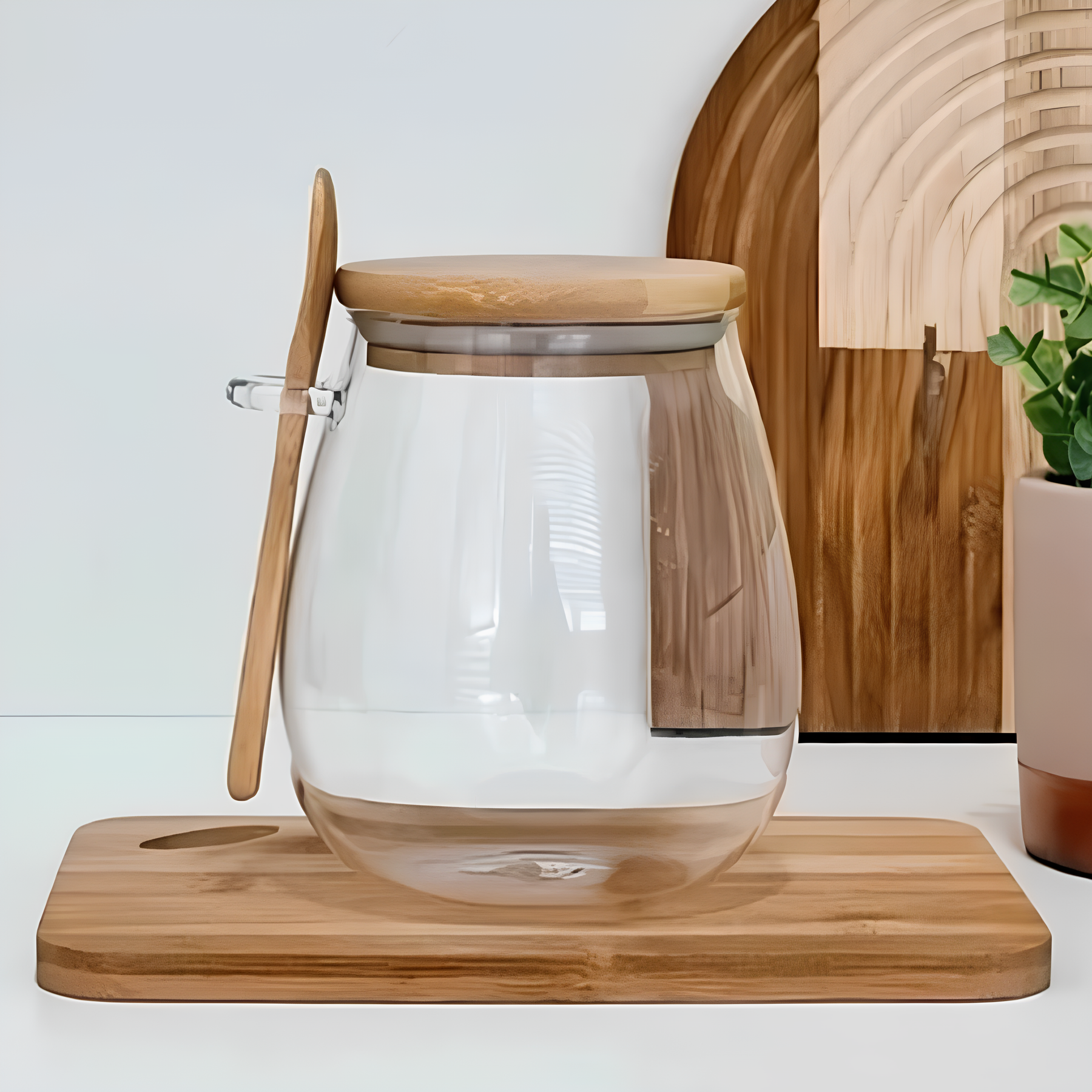 Pote Hermético Redondo de Vidro com Tampa e Colher de Bambu Êza Decor