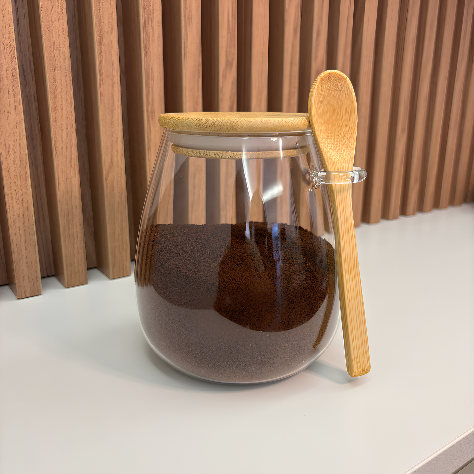 Pote Hermético Redondo de Vidro com Tampa e Colher de Bambu Êza Decor