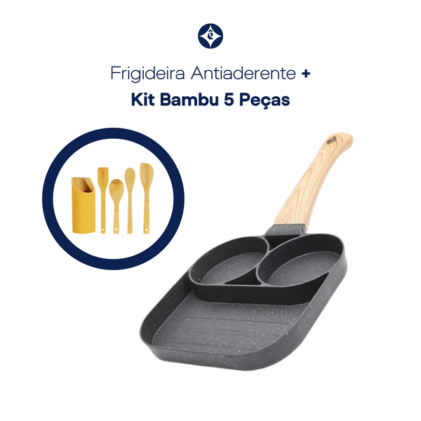 Conjunto Frigideira Antiaderente 3 em 1 + Kit Bambu 5 Peças Êza Decor