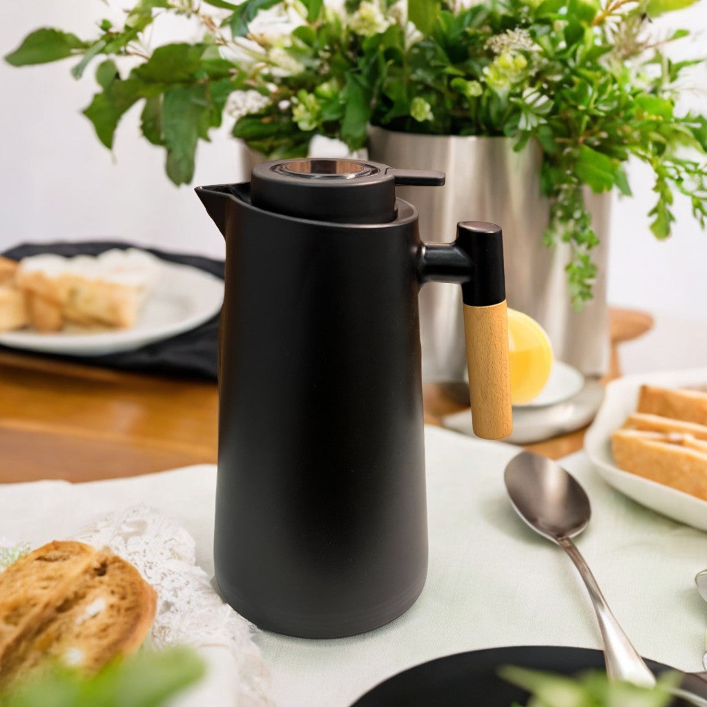 Garrafa Termica Café Cabo de Madeira com Termômetro Êza Decor na Cor Preta