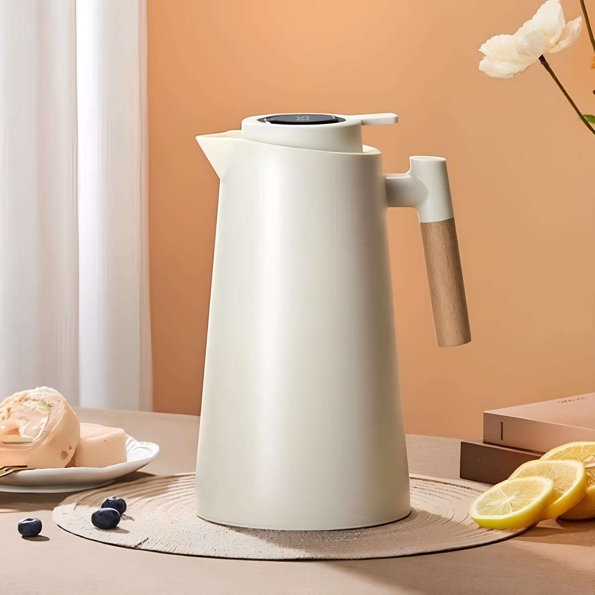 Garrafa Termica Café Cabo de Madeira com Termômetro Êza Decor na Cor Branco
